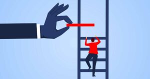 Planning an attendee journey, Climbing a ladder with the next rung provided by a large hand, symbolizing support and progression in personal or professional growth.