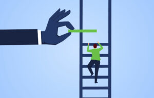 Planning an attendee journey, Climbing a ladder with the next rung provided by a large hand, symbolizing support and progression in personal or professional growth.